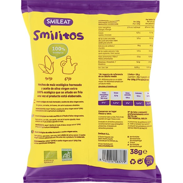 SMILITOS SNACK GUSANITOS MAIZ ECO SMILEAT 1 BOLSA 38 G
