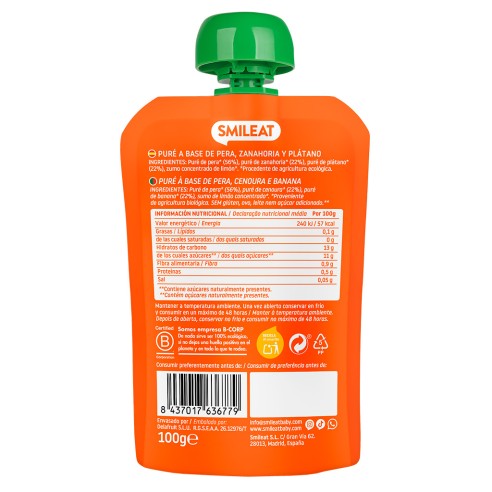 SMILEAT POUCH ZANAHORIA, PERA Y PLATANO 100G